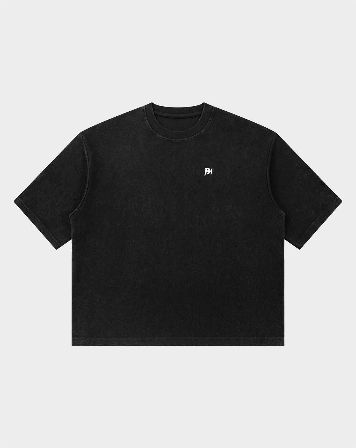 BEASTHAMMER Waffle boxy t-shirt in mottled black, front view