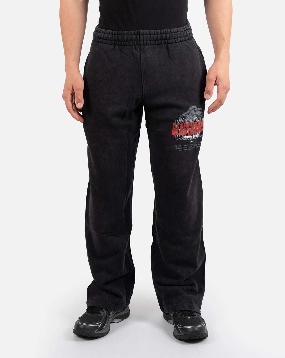 BEASTHAMMER Embrace Discipline baggy joggers in washed black, worn front view