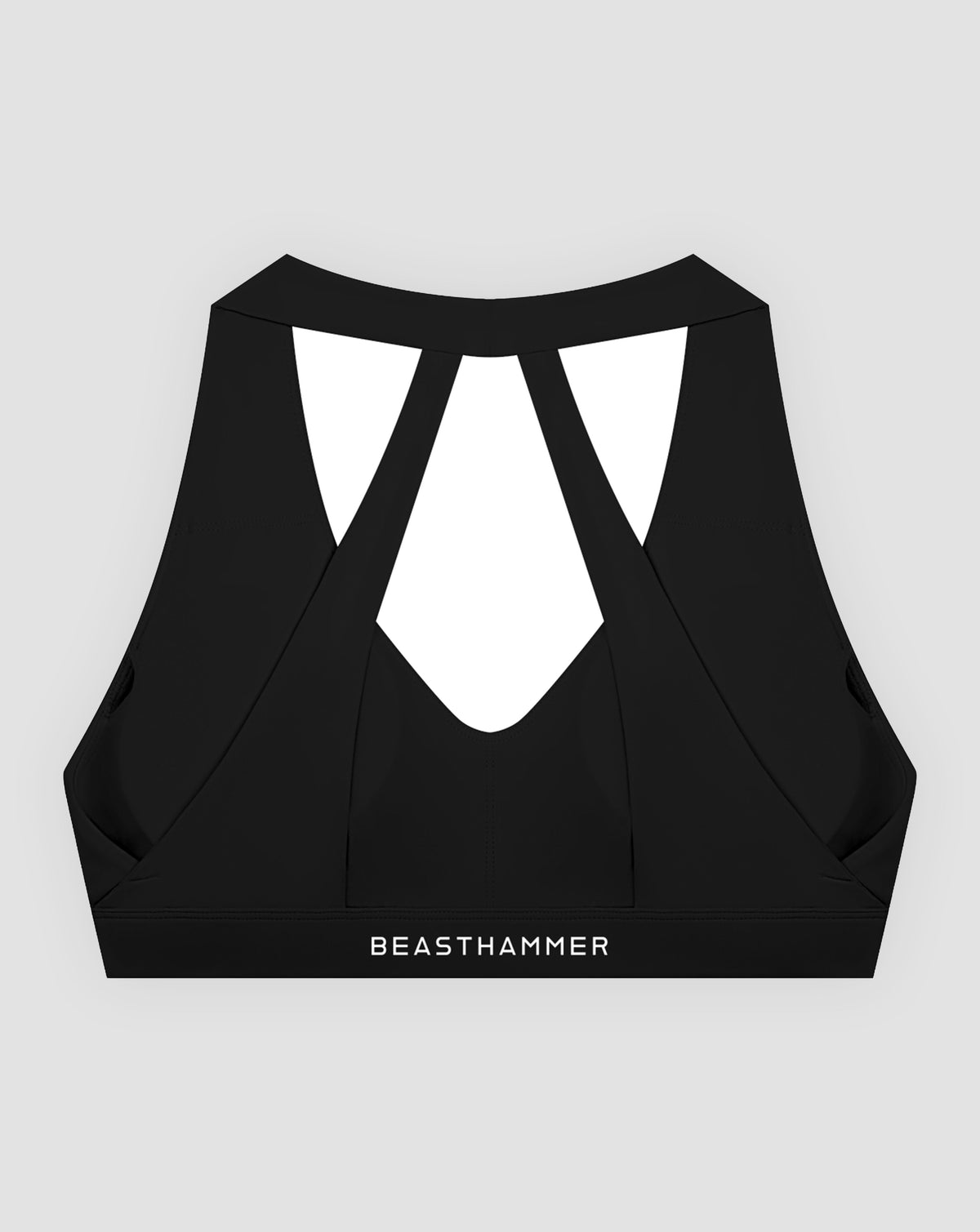 BEASTHAMMER Flow halter bra in black, flat lay back view