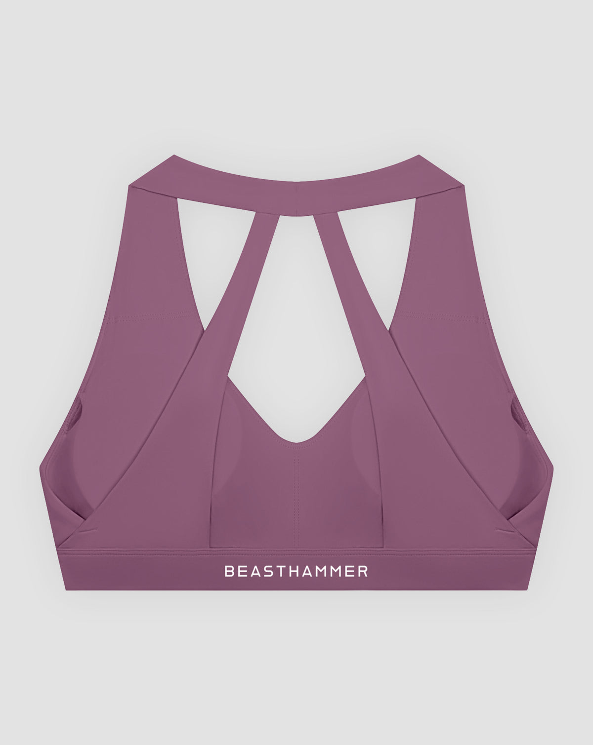 BEASTHAMMER Flow halter bra in plum purple, flat lay back view