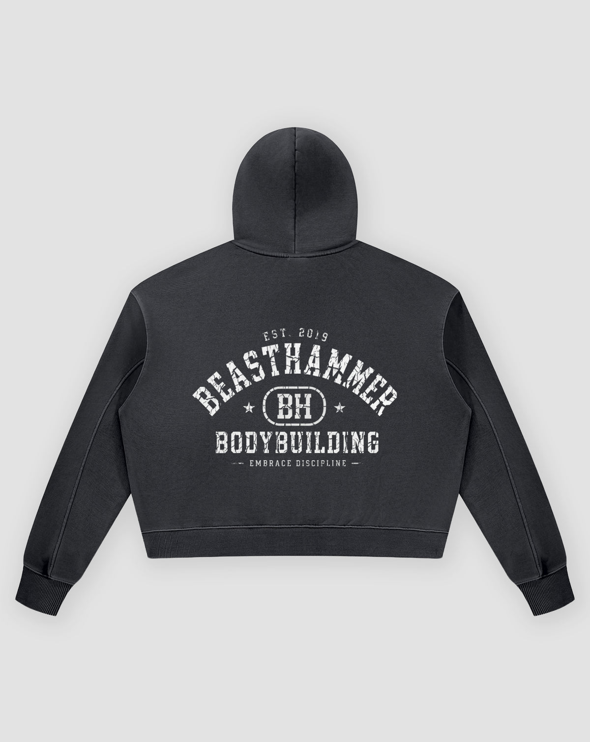 BEASTHAMMER Rest washed boxy hoodie in black, flat back view with the collegiate BEASTHAMMER BODYBUILDING arch print