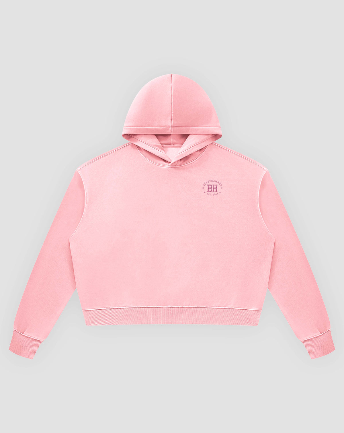BEASTHAMMER Rest washed boxy hoodie in pink, flat front view with the hood and BH chest badge