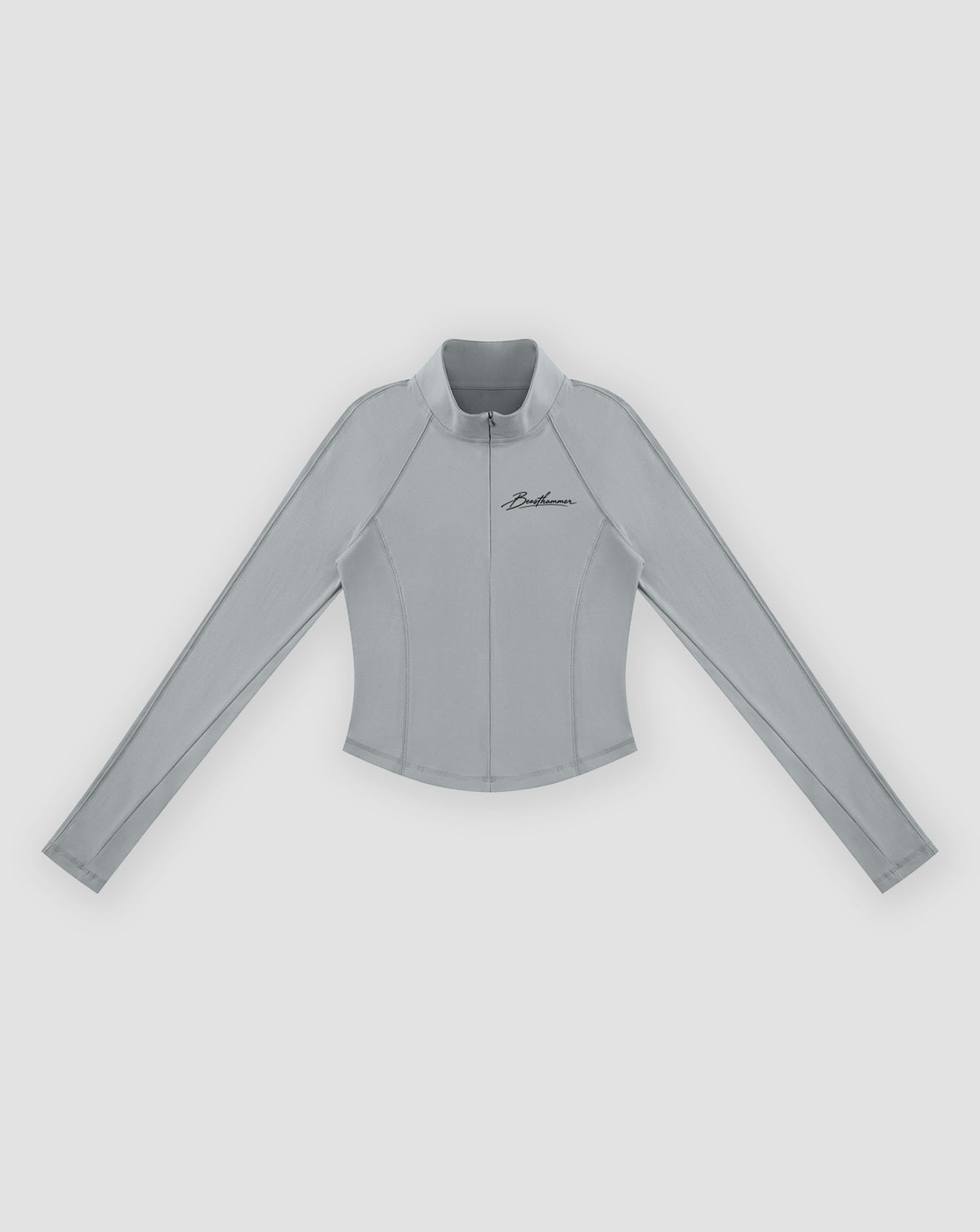 BEASTHAMMER Signature quarter zip top in grey, flat front view with stand collar, quarter zip and chest script logo
