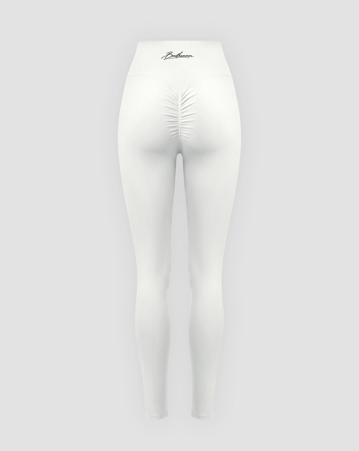 BEASTHAMMER Signature scrunch leggings in white, flat back view with the scrunch seam and the handwritten Beasthammer script logo on the waistband