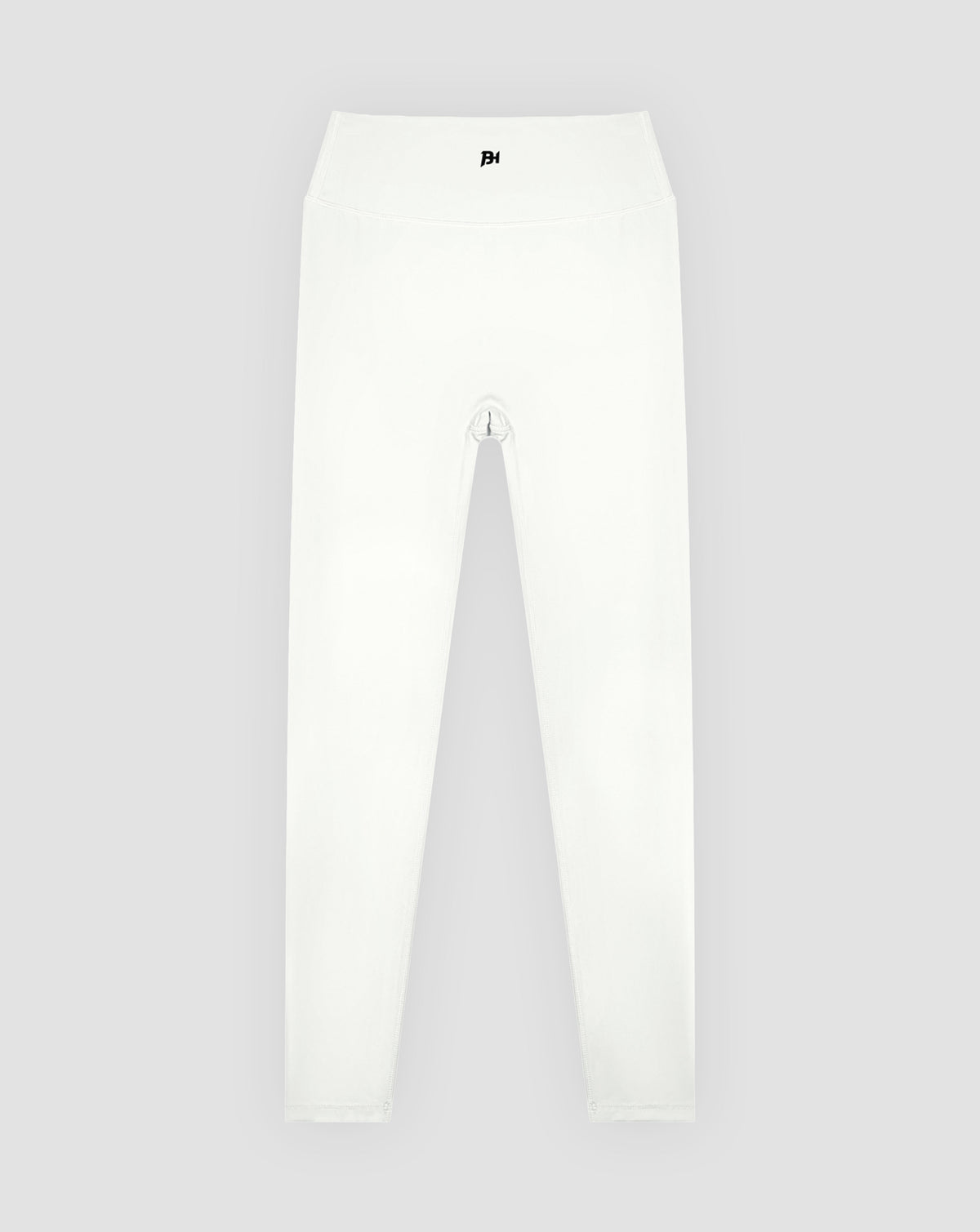 BEASTHAMMER Signature scrunch leggings in white, flat front view with BH monogram on the waistband