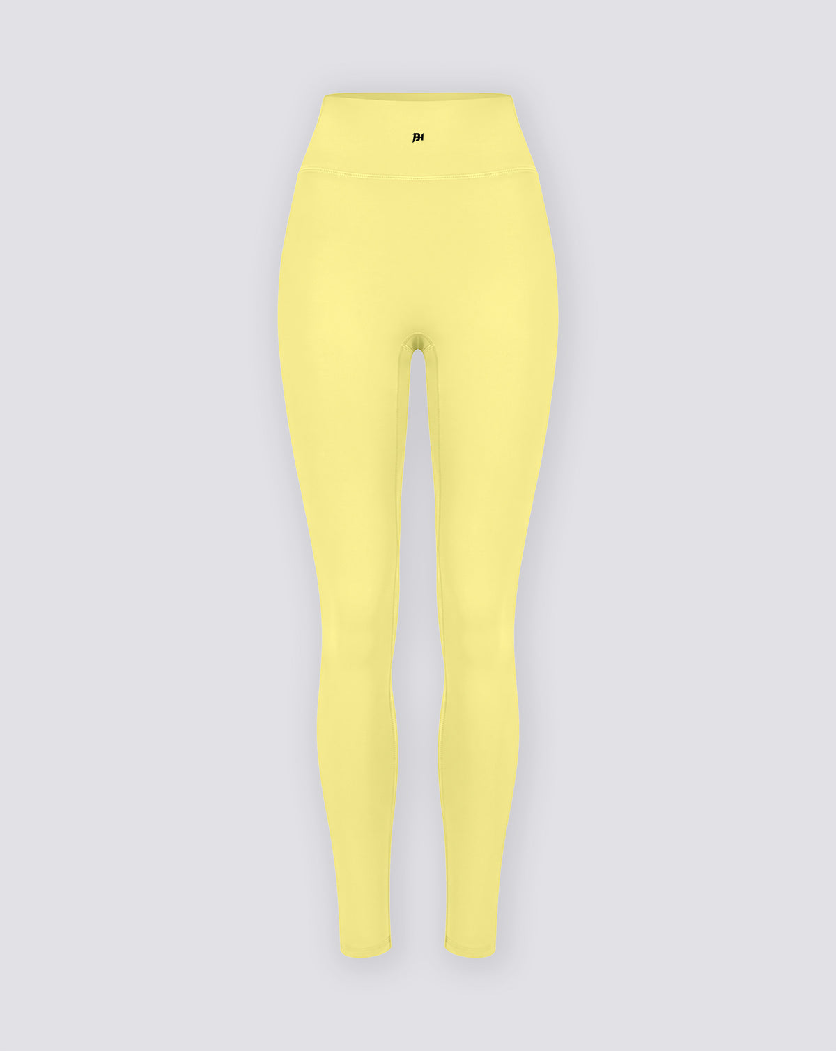 BEASTHAMMER Signature scrunch leggings in butter yellow, flat front view with BH monogram on the waistband