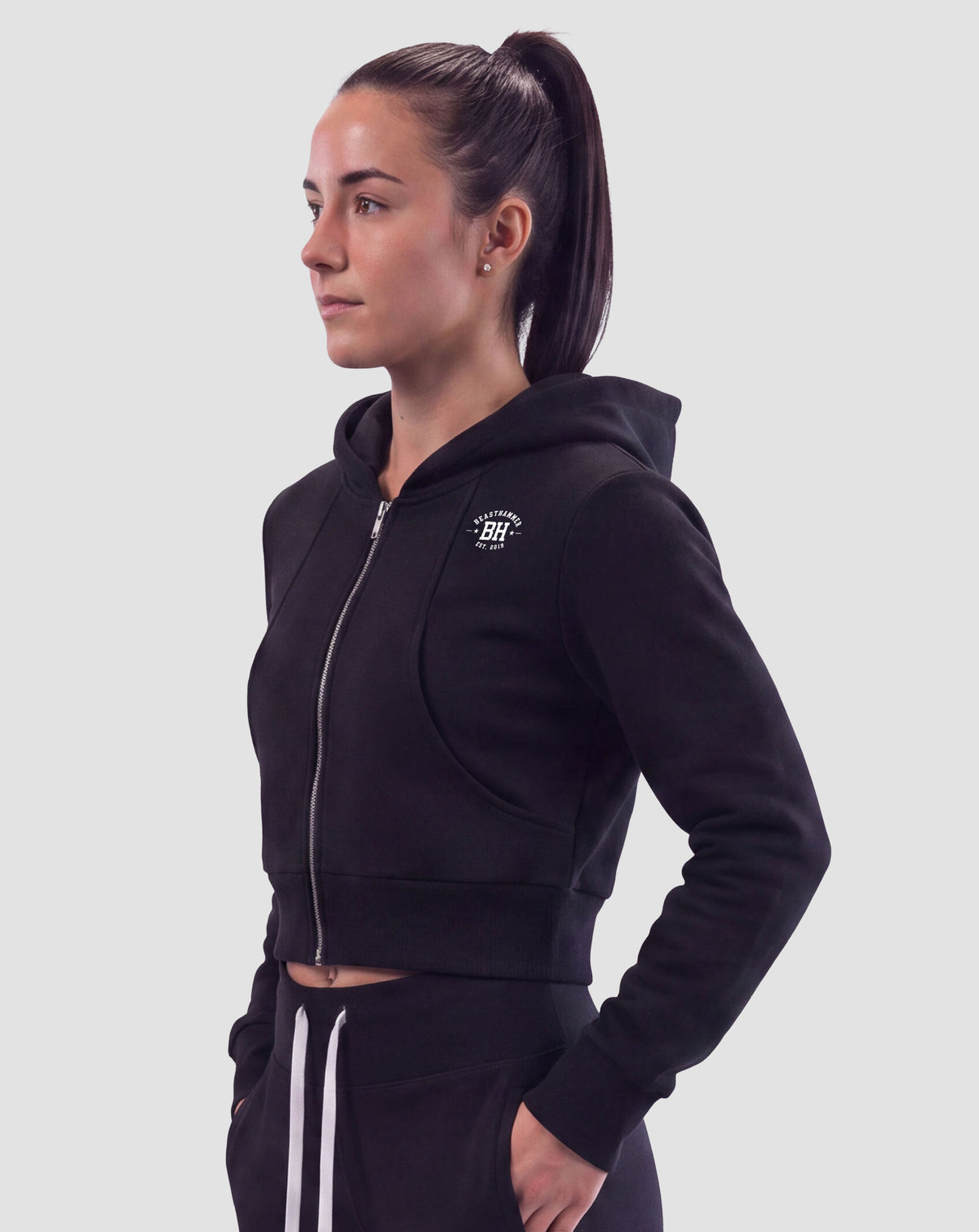BEASTHAMMER Rest crop zip hoodie in black, worn front view