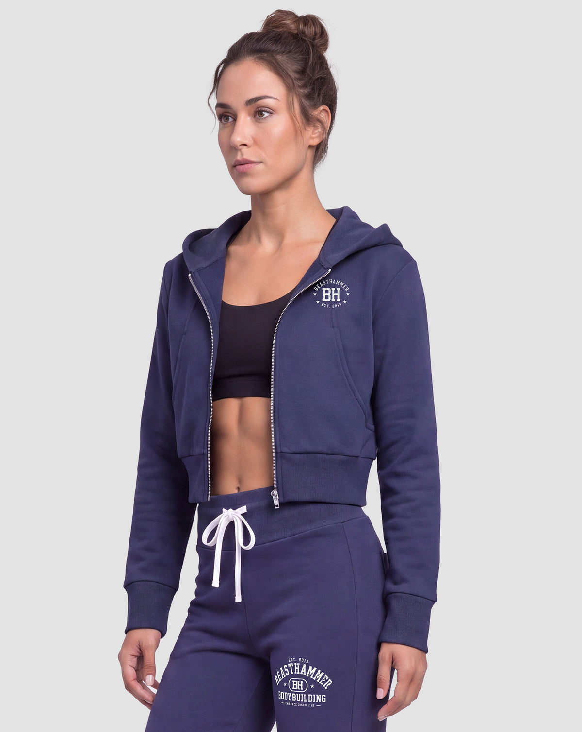 BEASTHAMMER Rest crop zip hoodie in black, worn front view