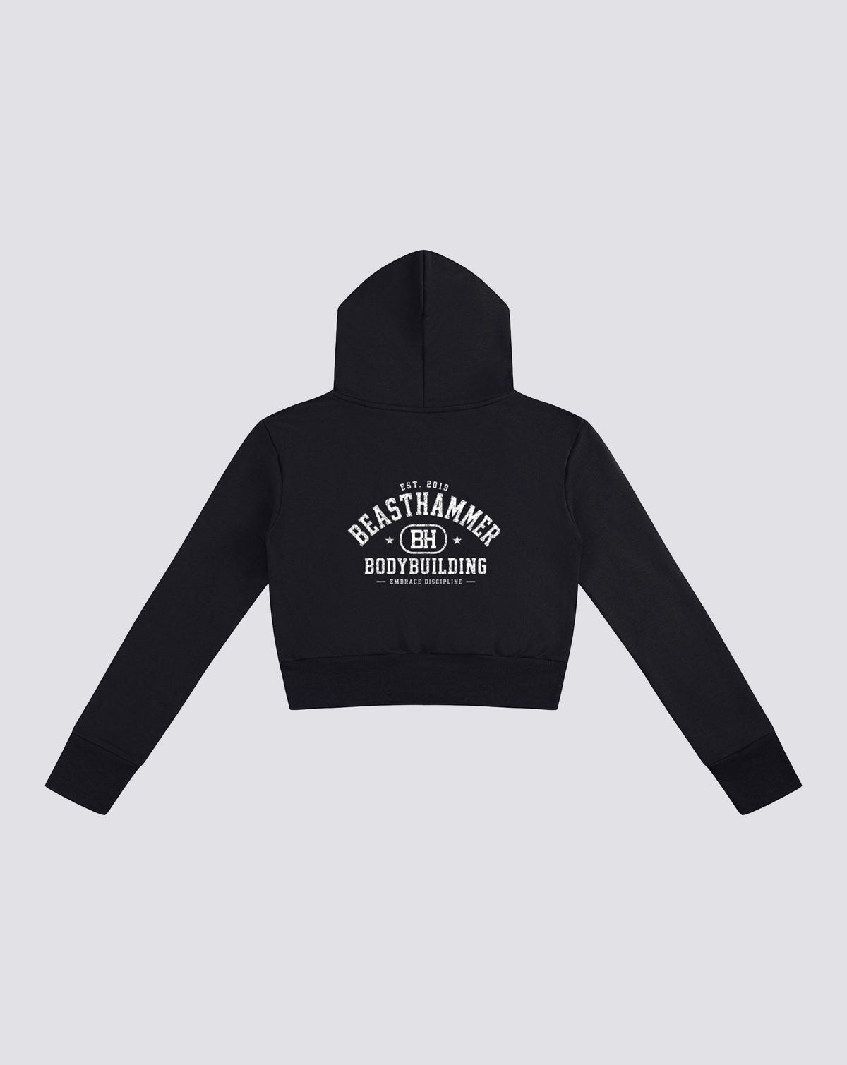 BEASTHAMMER Rest crop zip hoodie in black, close view of back print