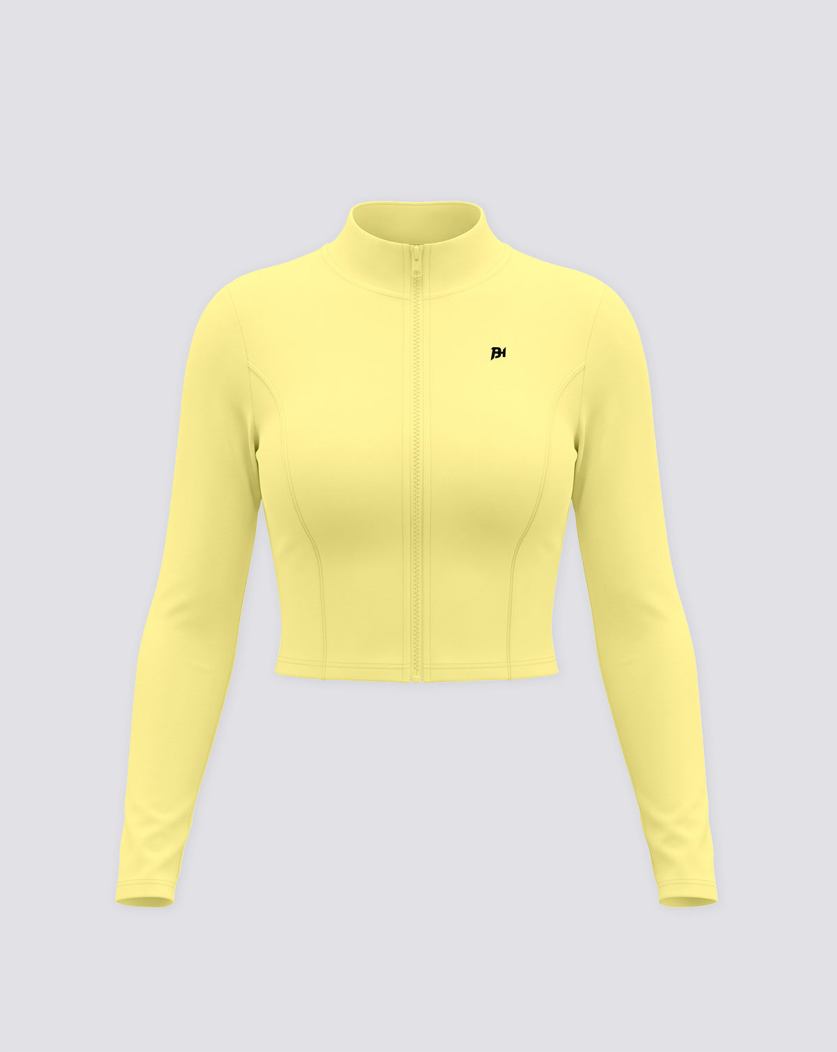 BEASTHAMMER Signature crop jacket in butter yellow, flat front view with stand collar, full zip and BH monogram