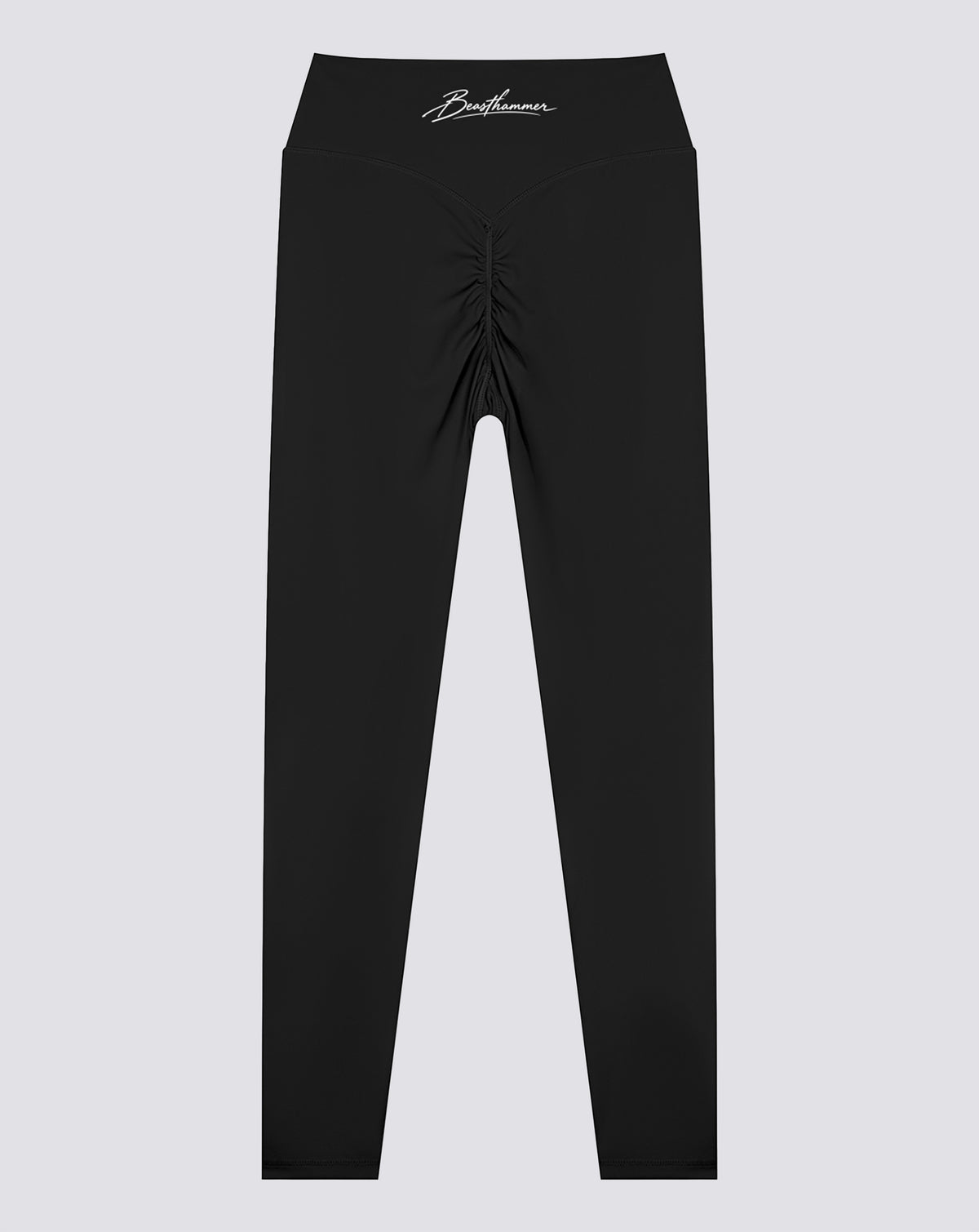 BEASTHAMMER Signature scrunch leggings in black, flat back view with the scrunch seam and the handwritten Beasthammer script logo on the waistband