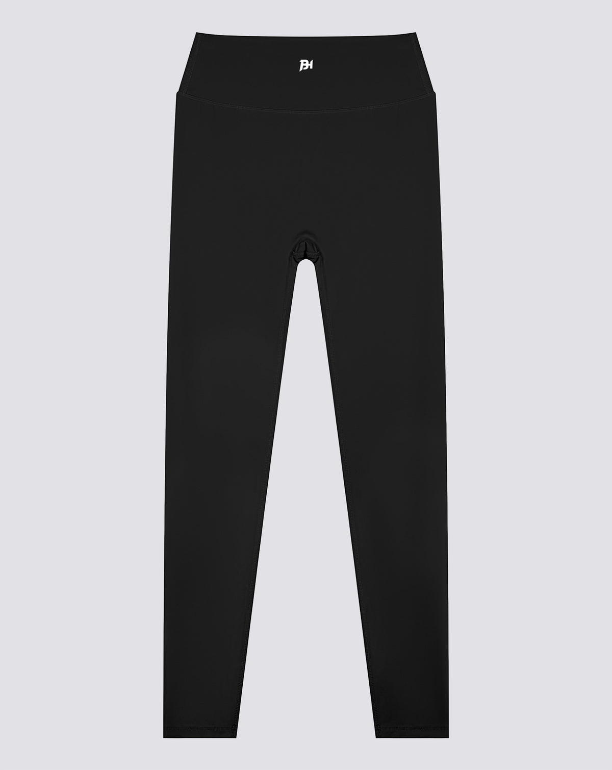 BEASTHAMMER Signature scrunch leggings in black, flat front view with BH monogram on the waistband