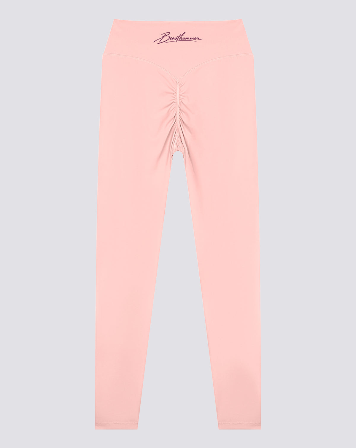 BEASTHAMMER Signature scrunch leggings in pink, flat back view with the scrunch seam and the handwritten Beasthammer script logo on the waistband