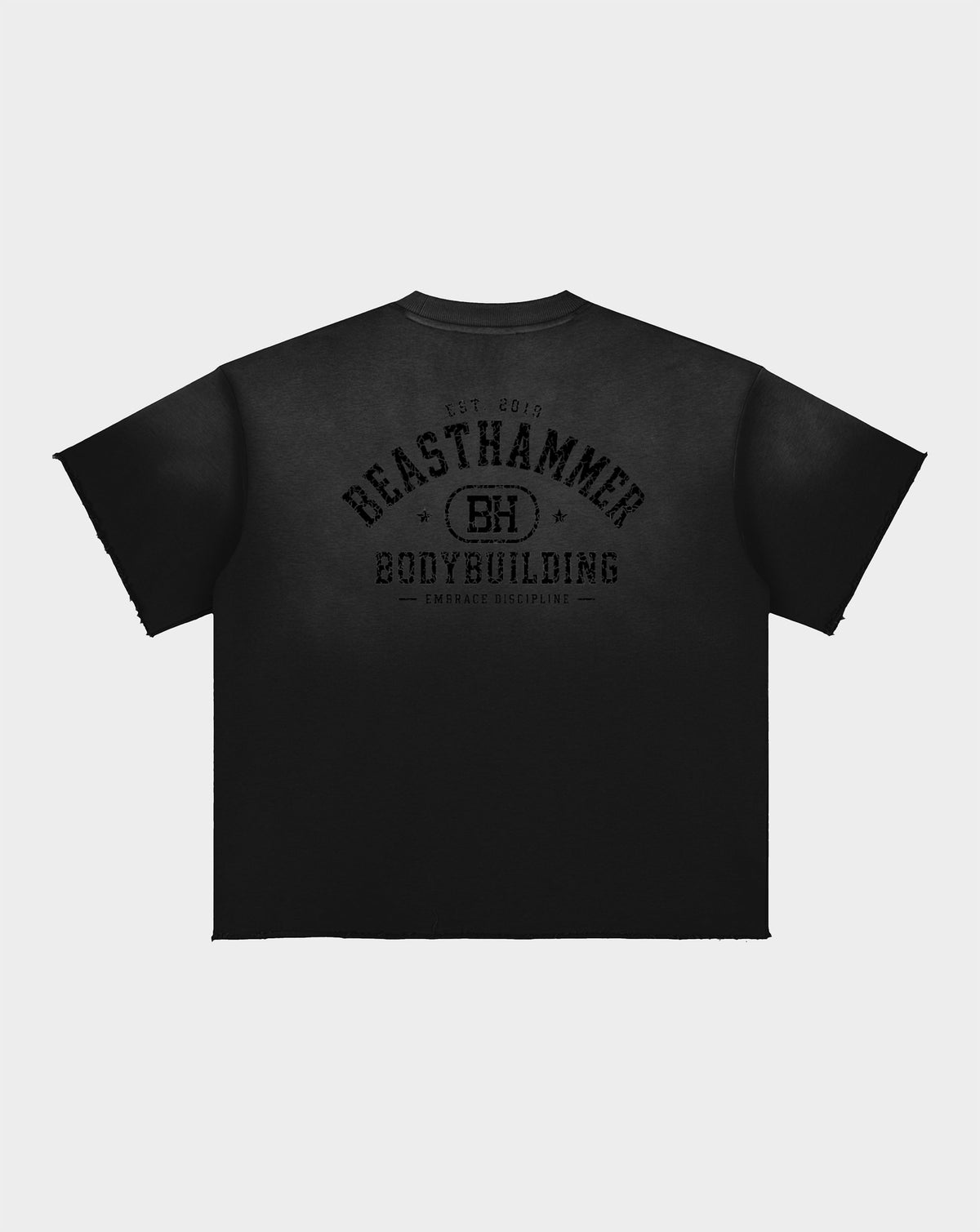 BEASTHAMMER Formed by Discipline raw edge t-shirt in black, back view with BEASTHAMMER BODYBUILDING print