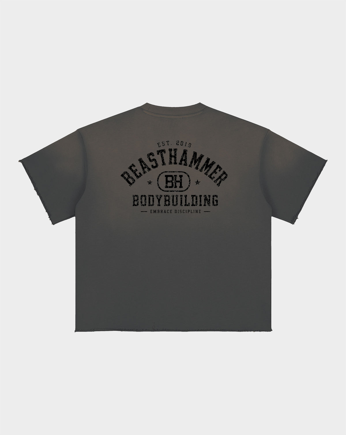 BEASTHAMMER Formed by Discipline raw edge t-shirt in dark brown, back view with BEASTHAMMER BODYBUILDING print