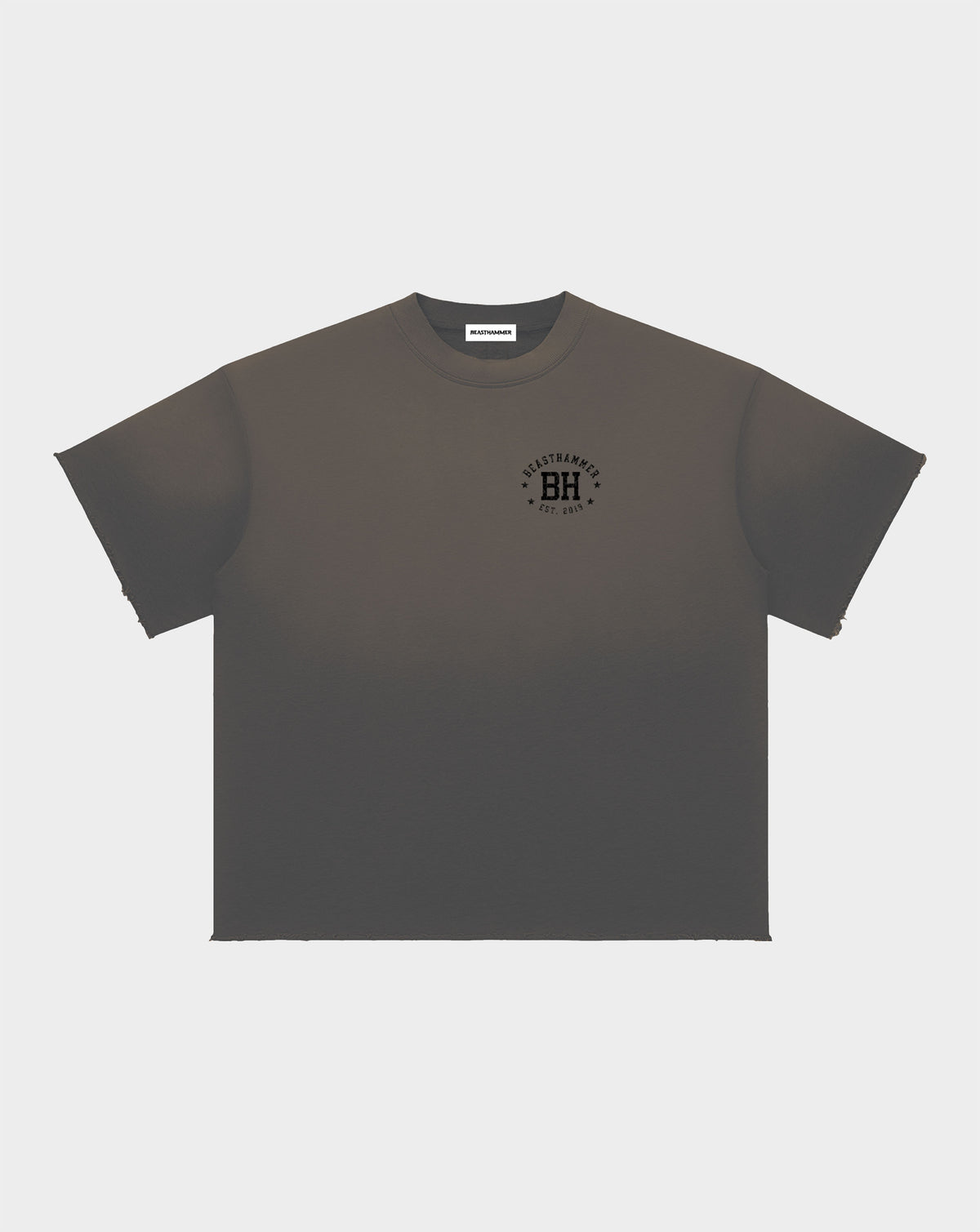 BEASTHAMMER Formed by Discipline raw edge t-shirt in dark brown, front view with chest logo