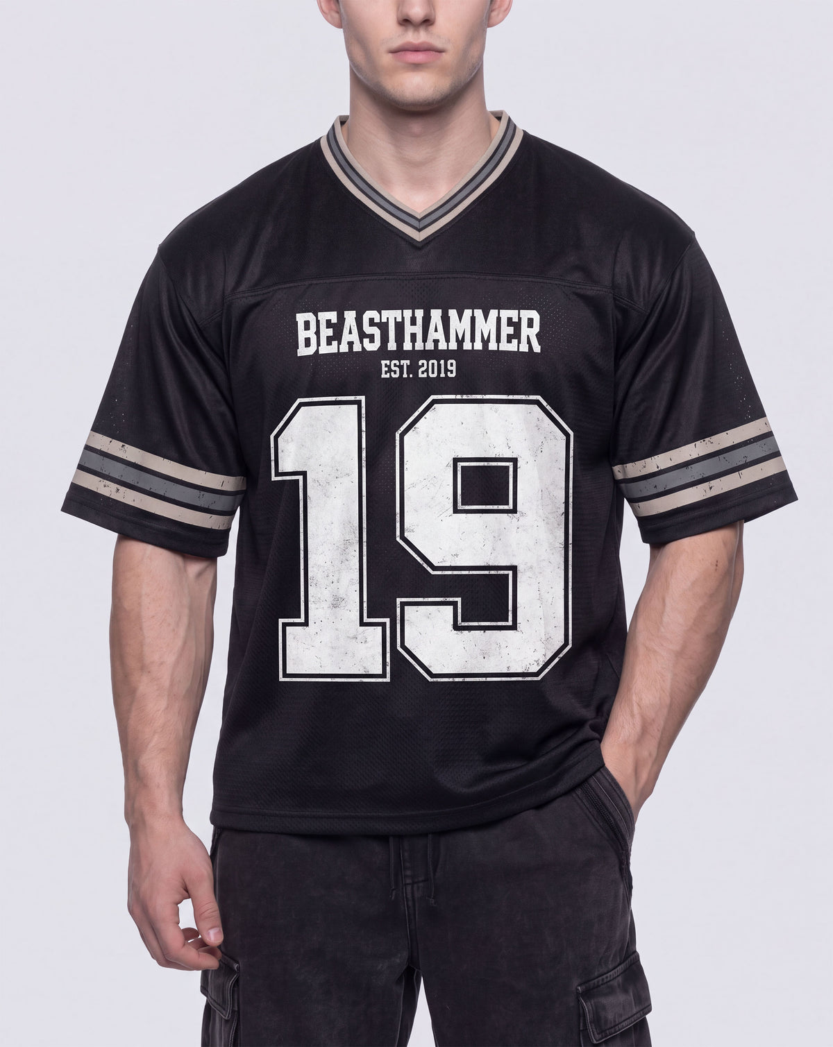 BEASTHAMMER Varsity 19 jersey, front view with arched BEASTHAMMER print