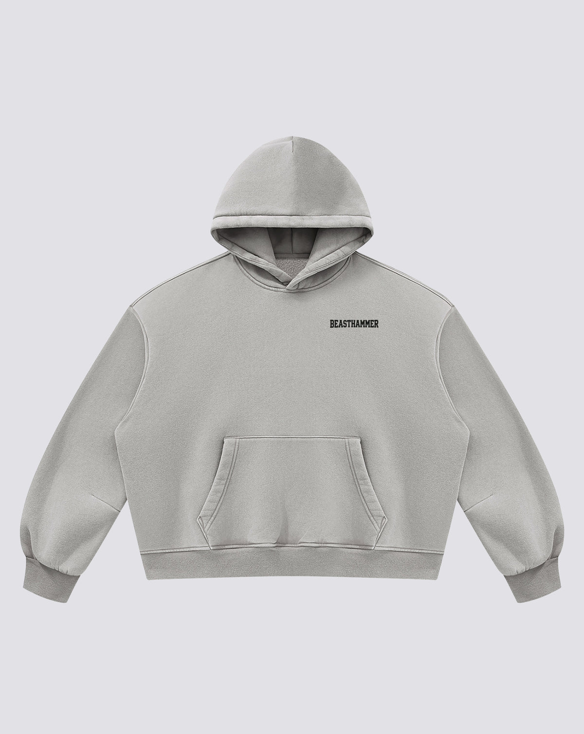 BEASTHAMMER Vintage Wash boxy hoodie in washed grey, front view with small chest logo and kangaroo pocket