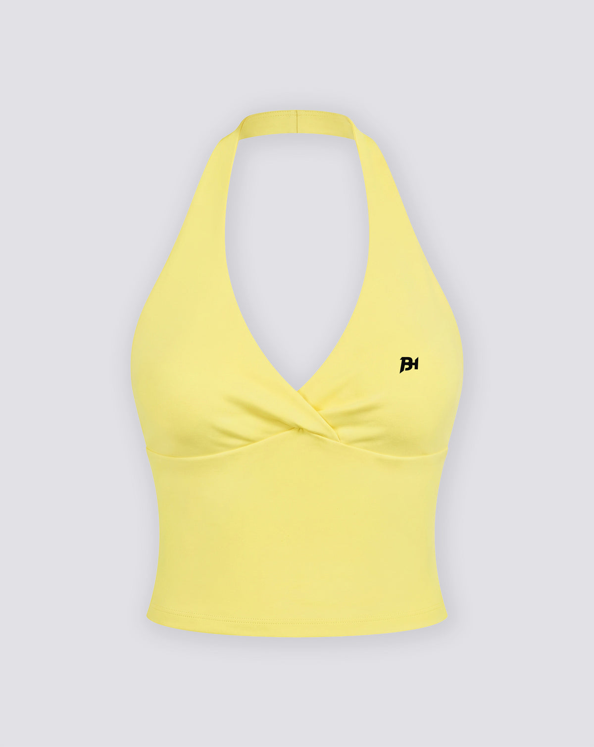 BEASTHAMMER Signature halter top in butter yellow, flat front view showing the halter neck, ruched twist and BH monogram