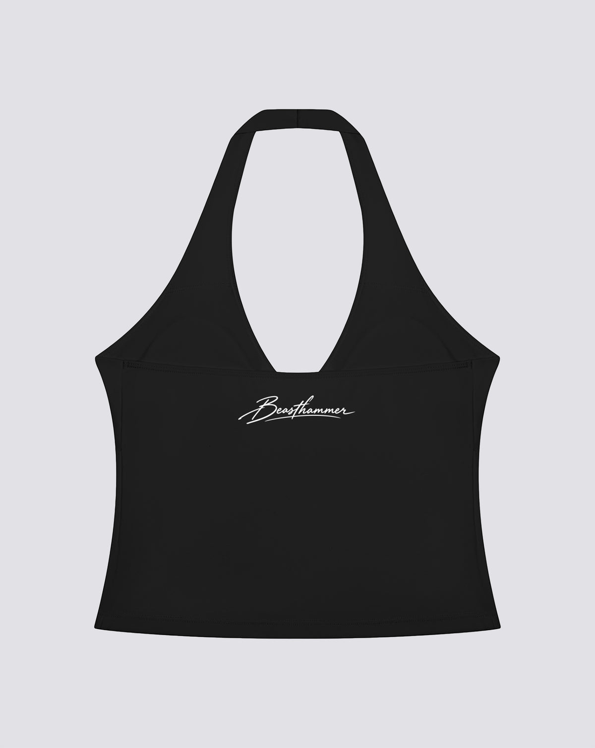 BEASTHAMMER Signature halter top in black, flat back view with the handwritten Beasthammer script logo
