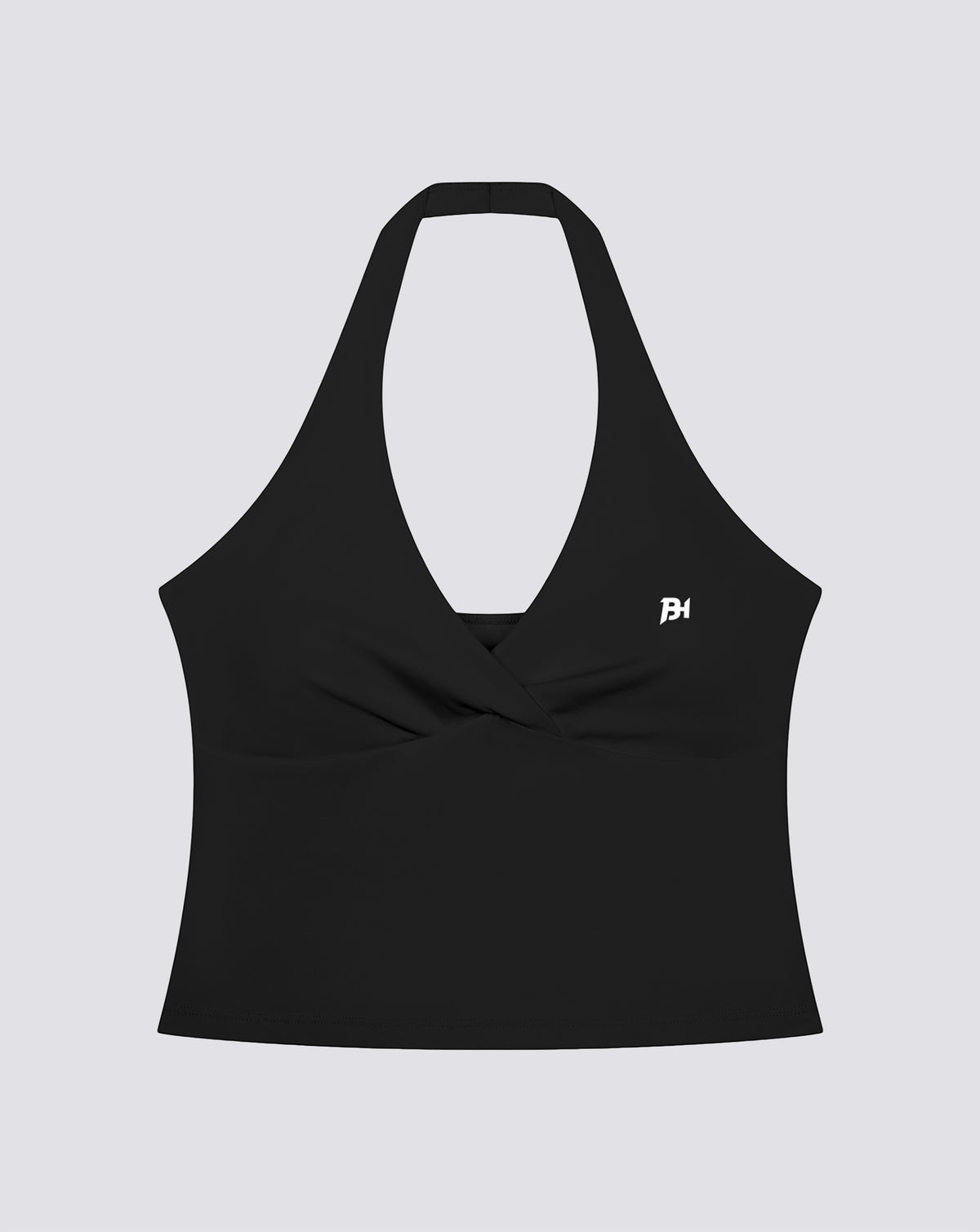 BEASTHAMMER Signature halter top in black, flat front view showing the halter neck, ruched twist and BH monogram