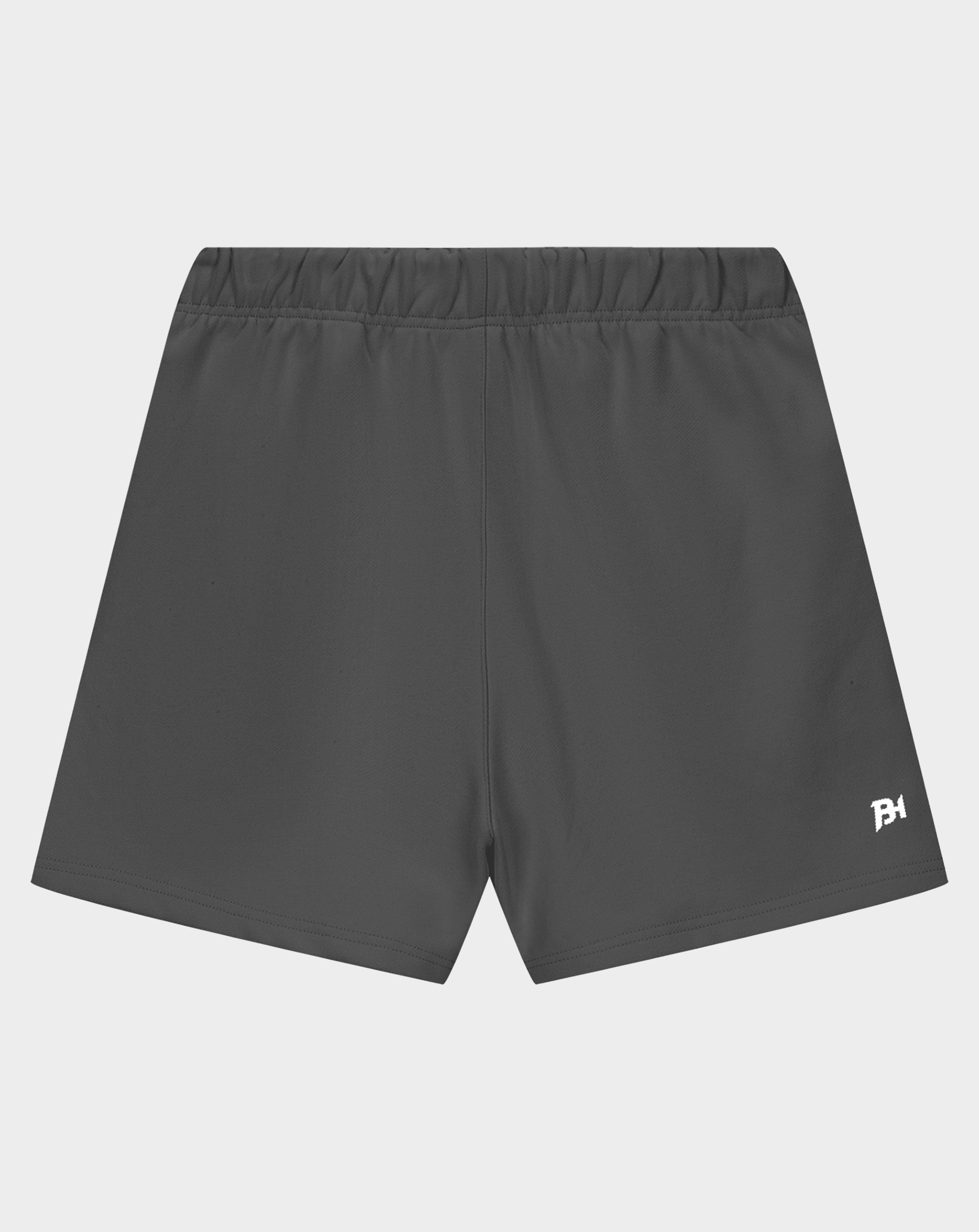 Dark gray athletic shorts with an elastic waistband and a small white logo on the lower left hem, shown against a light gray background.