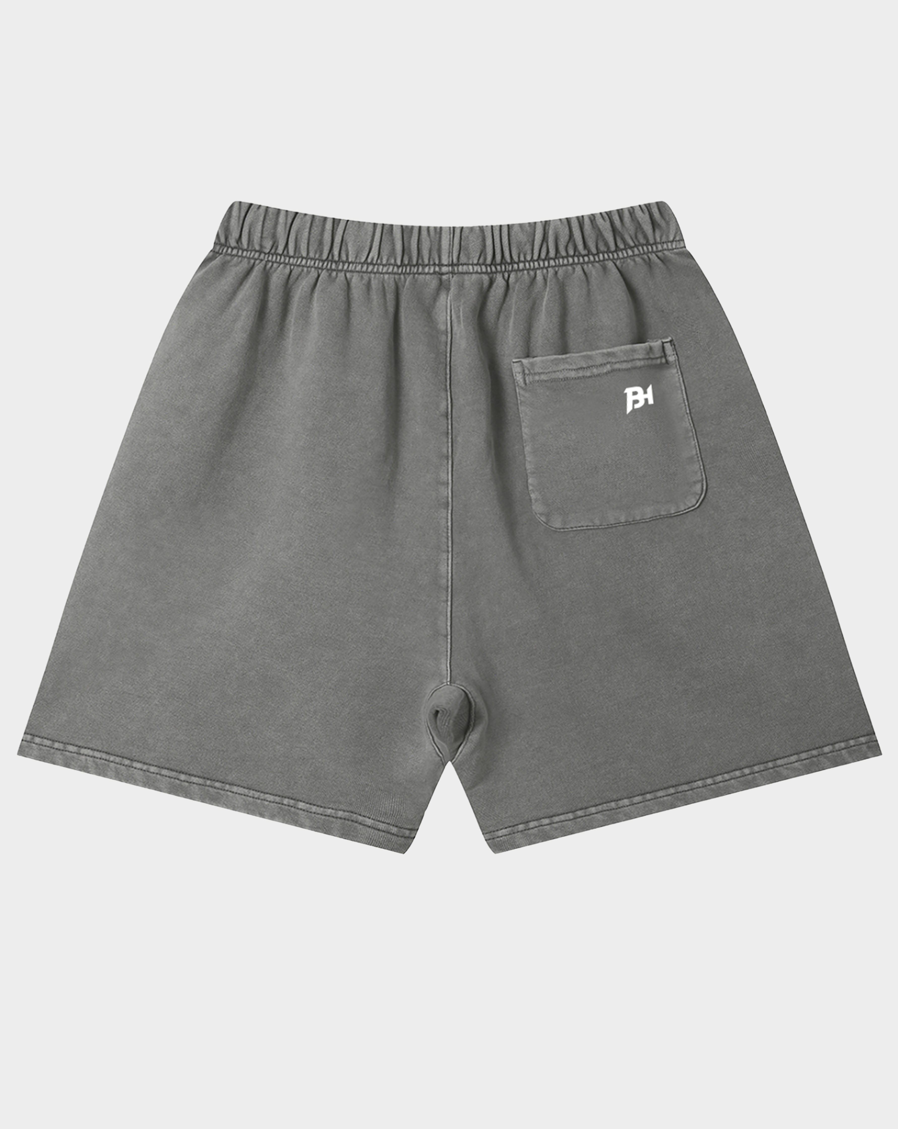 Gray washed denim shorts with an elastic waistband and a back pocket featuring a small white embroidered logo, shown against a light gray background.