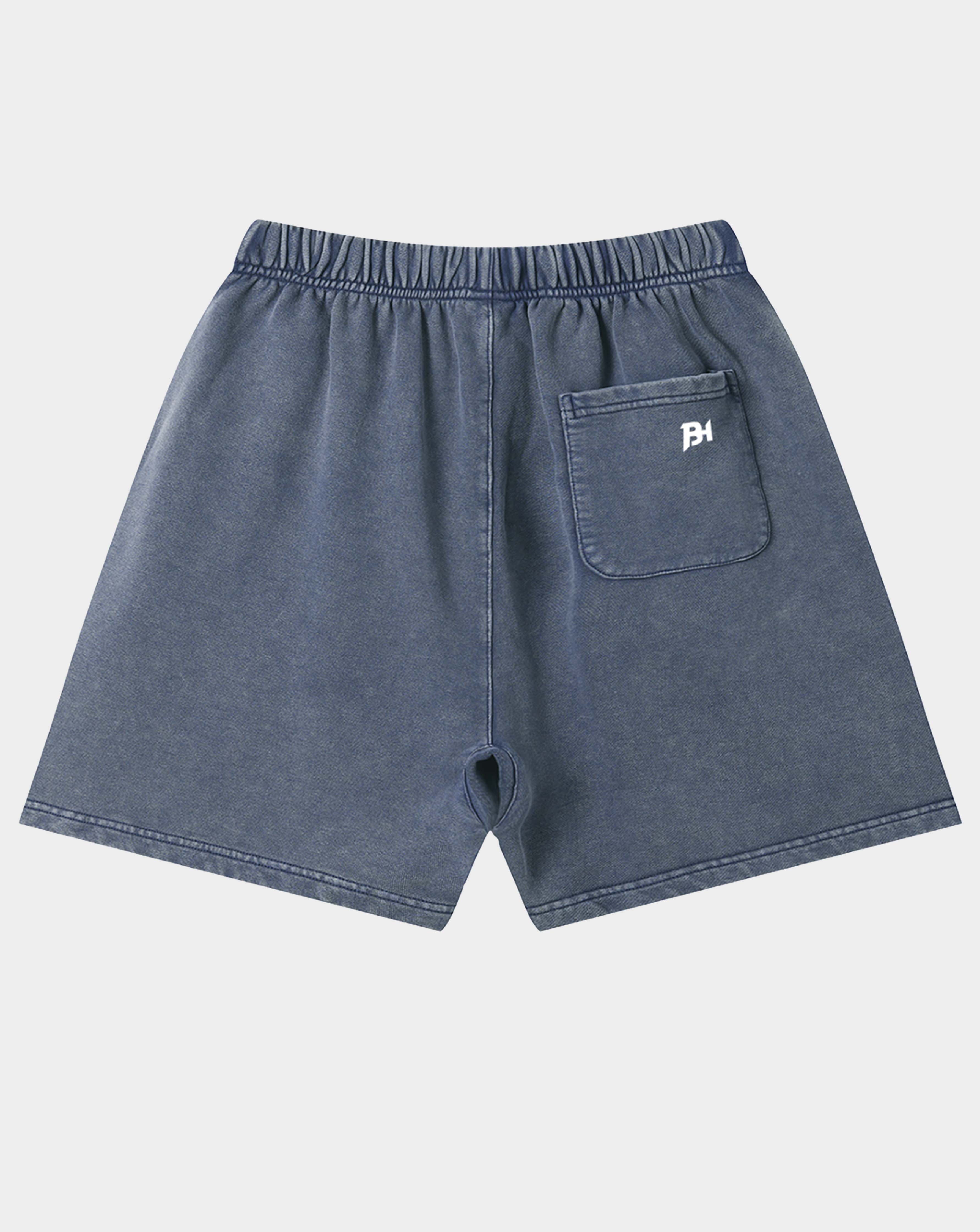 A pair of washed blue denim shorts with an elastic waistband, a side pocket, and a small white embroidered 'BH' logo on the back pocket, shown against a light gray background.