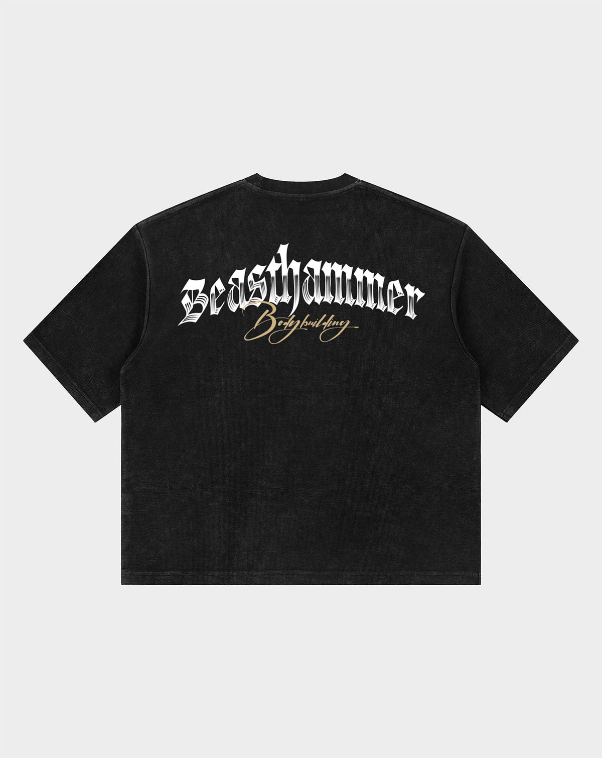 BEASTHAMMER Waffle boxy t-shirt in mottled black, back view