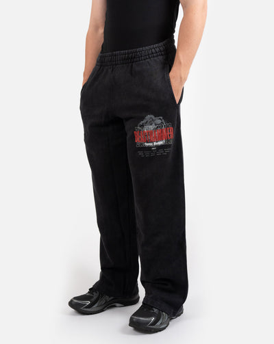 BEASTHAMMER Embrace Discipline baggy joggers in washed black, worn three-quarter front view with the red BEASTHAMMER thigh print