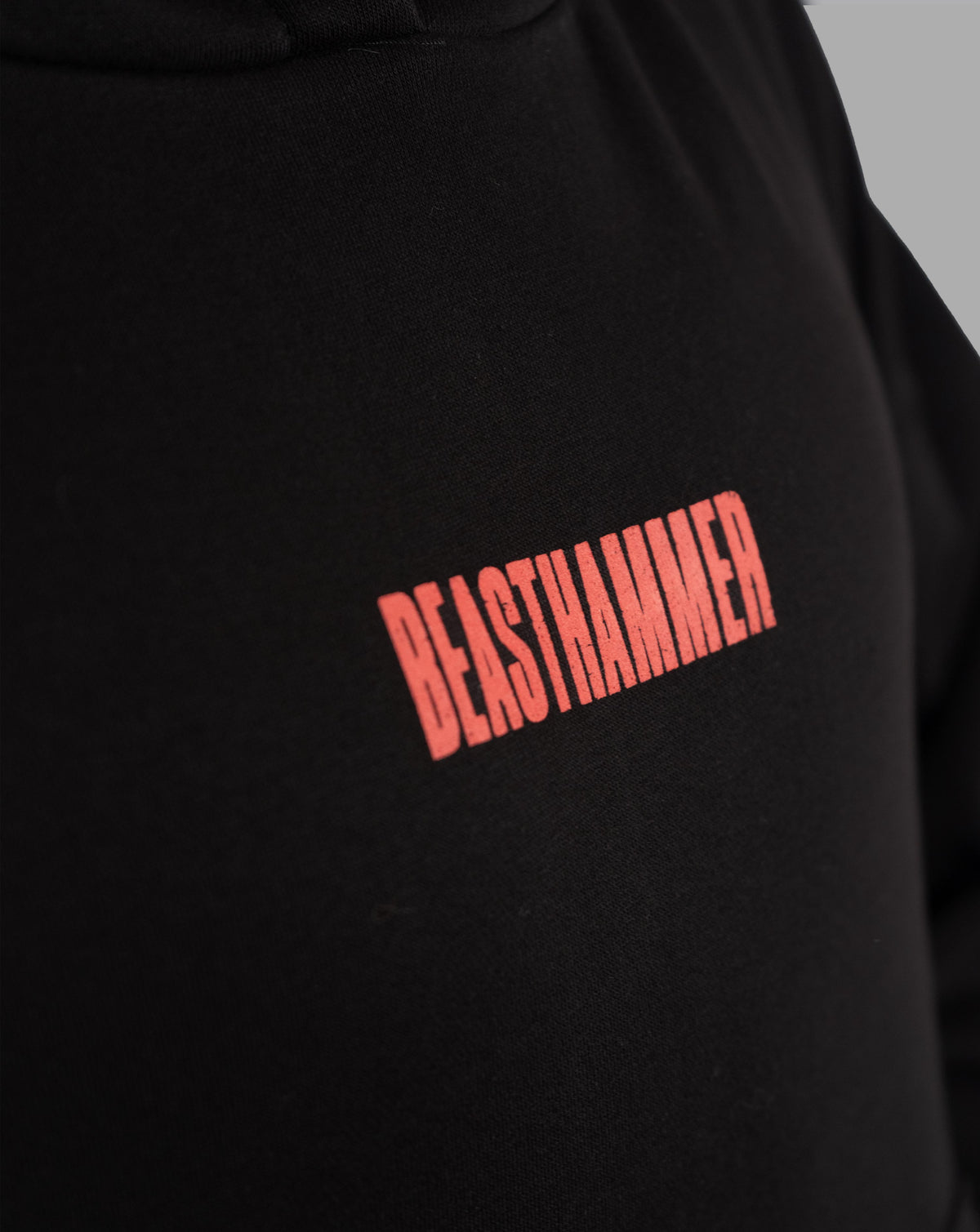 BEASTHAMMER Embrace Discipline boxy hoodie in black, close-up of the red BEASTHAMMER chest logo