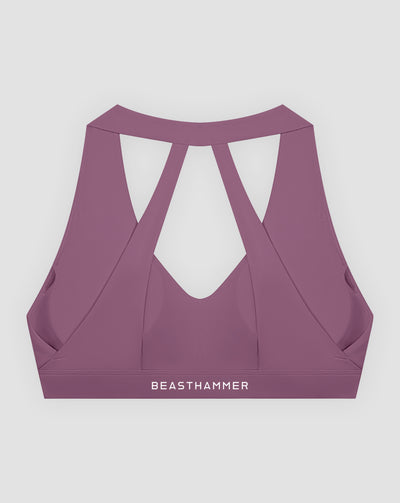 BEASTHAMMER Flow halter bra in plum purple, flat lay back view