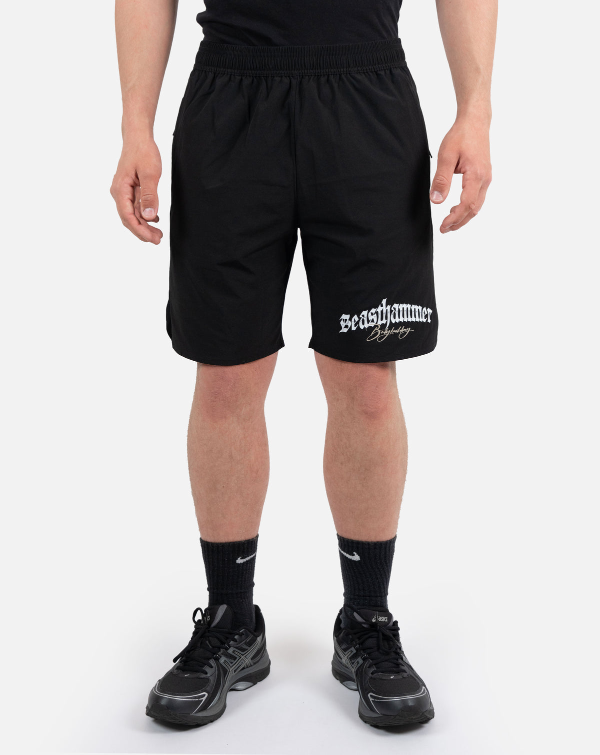 BEASTHAMMER Legacy Performance shorts in black, worn front view