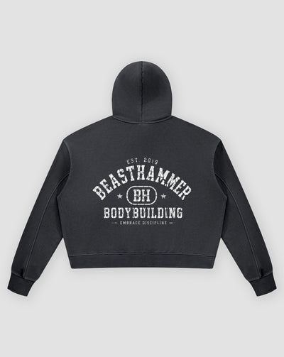 BEASTHAMMER Rest washed boxy hoodie in black, flat back view with the collegiate BEASTHAMMER BODYBUILDING arch print