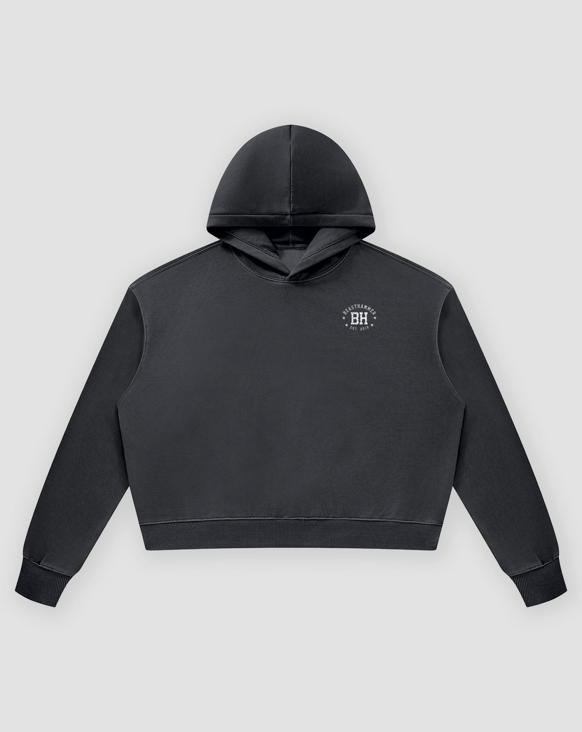 BEASTHAMMER Rest washed boxy hoodie in black, flat front view with the hood and BH chest badge