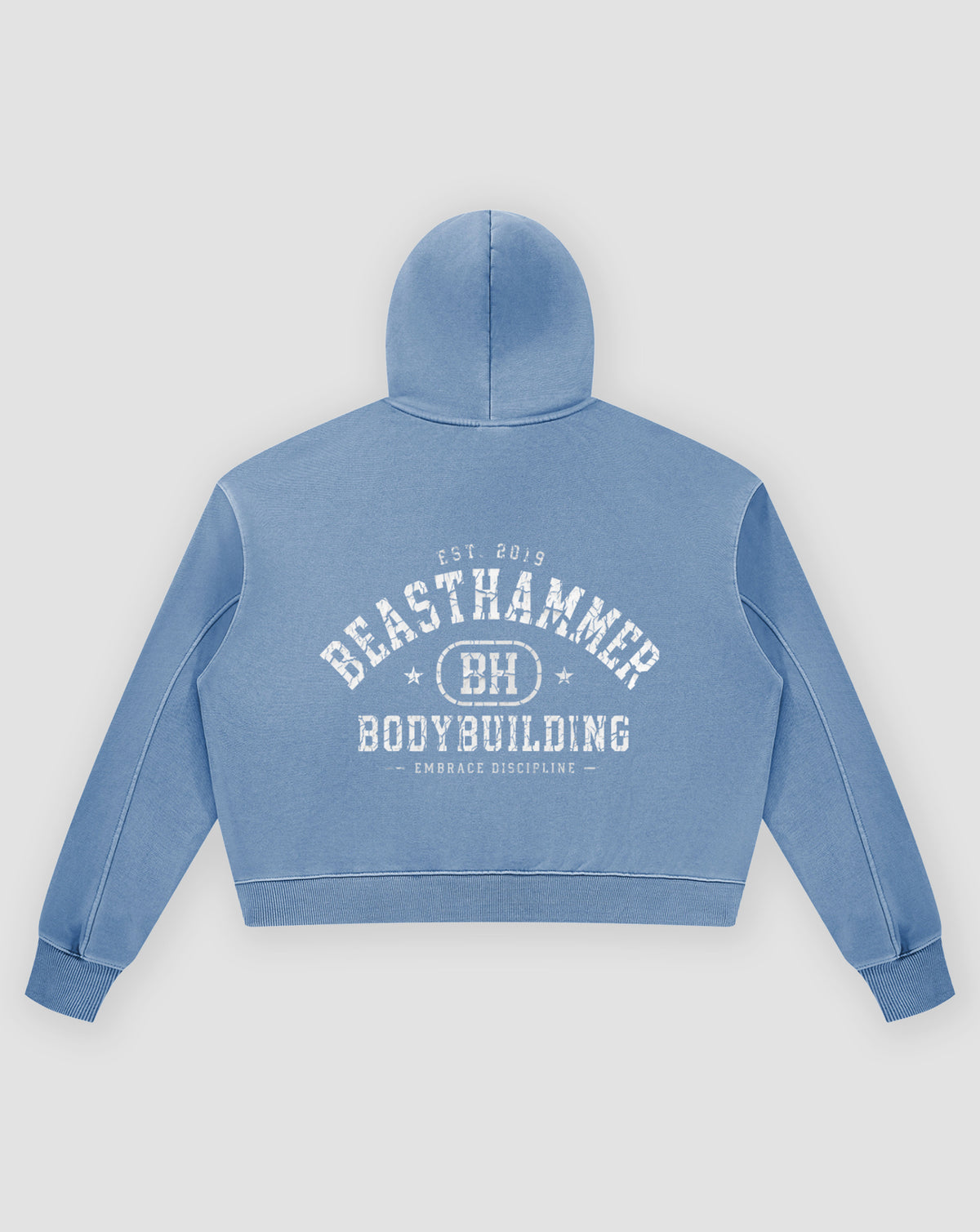 BEASTHAMMER Rest washed boxy hoodie in dusty blue, flat back view with the collegiate BEASTHAMMER BODYBUILDING arch print