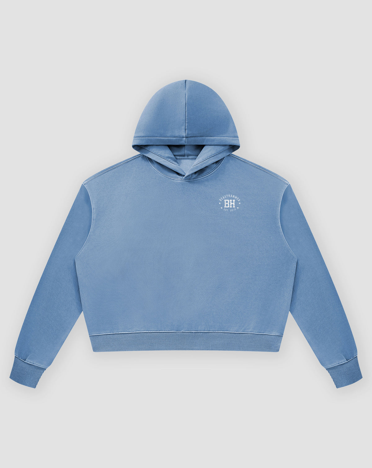 BEASTHAMMER Rest washed boxy hoodie in dusty blue, flat front view with the hood and BH chest badge