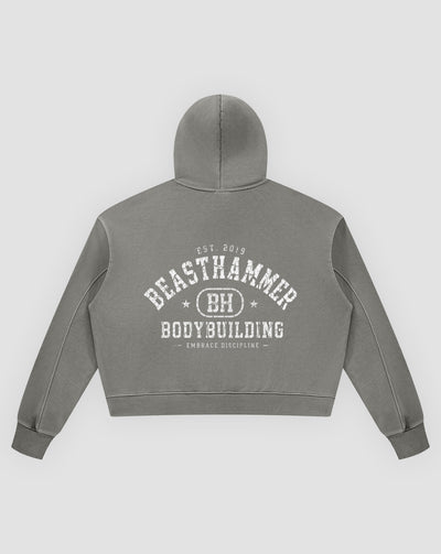 BEASTHAMMER Rest washed boxy hoodie in grey, flat back view with the collegiate BEASTHAMMER BODYBUILDING arch print
