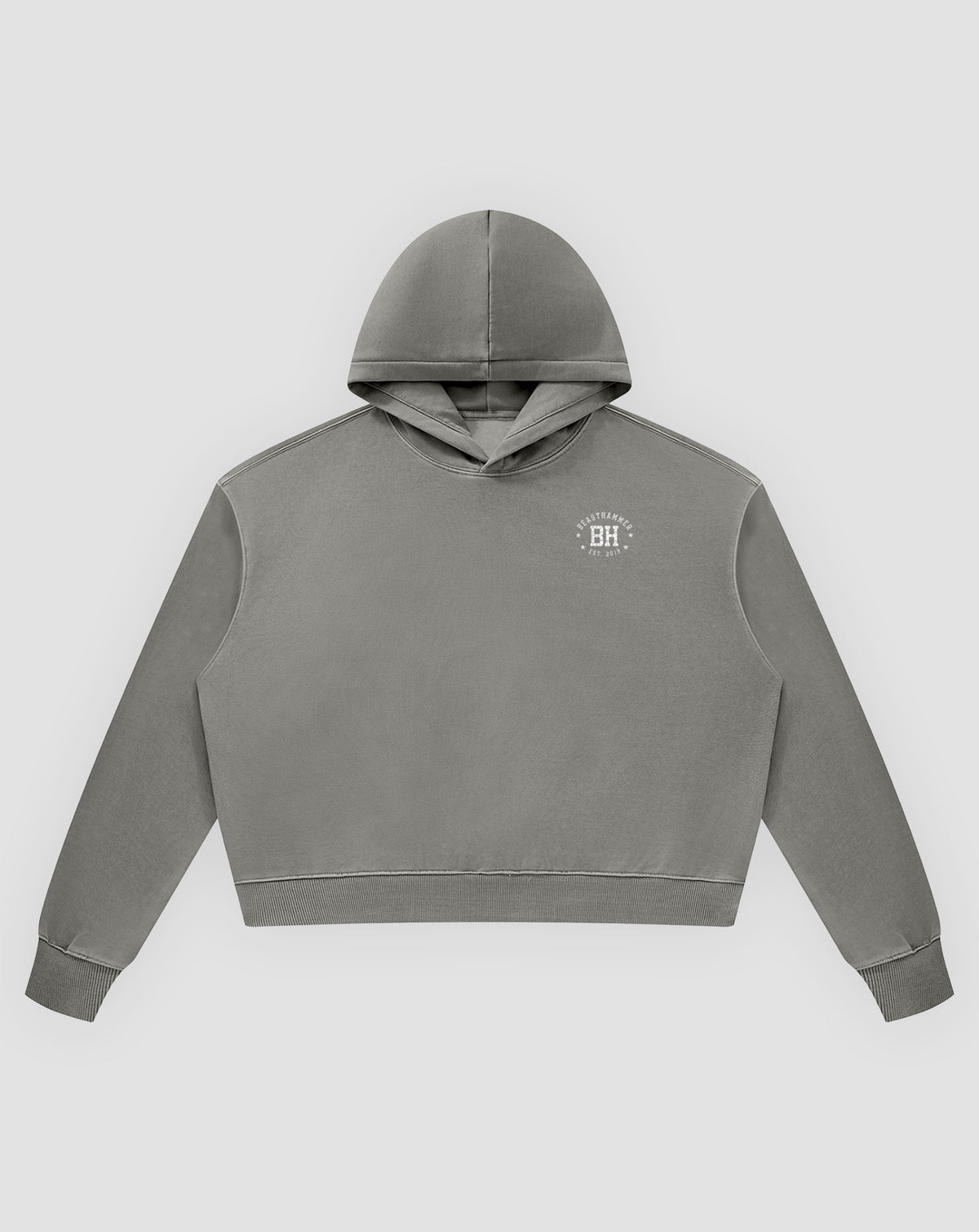 BEASTHAMMER Rest washed boxy hoodie in grey, flat front view with the hood and BH chest badge
