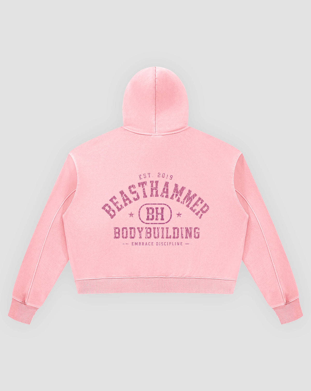 BEASTHAMMER Rest washed boxy hoodie in pink, flat back view with the collegiate BEASTHAMMER BODYBUILDING arch print