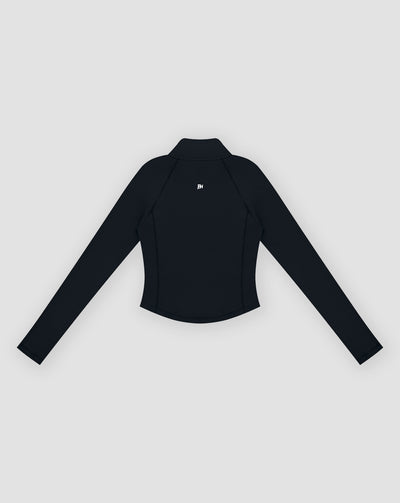 BEASTHAMMER Signature quarter zip top in black, flat back view with the BH monogram at the upper back