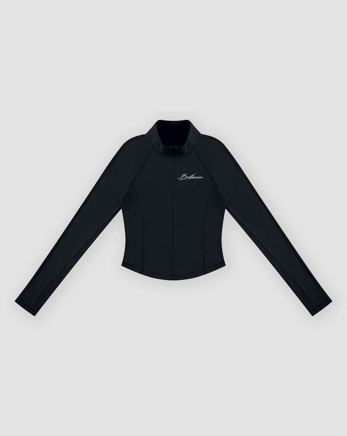 BEASTHAMMER Signature quarter zip top in black, flat front view with stand collar, quarter zip and chest script logo