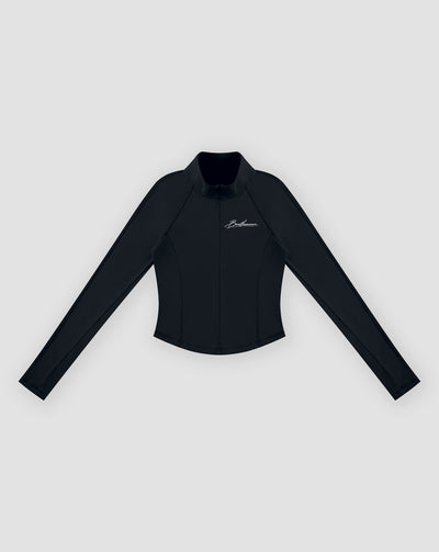 BEASTHAMMER Signature quarter zip top in black, flat front view with stand collar, quarter zip and chest script logo