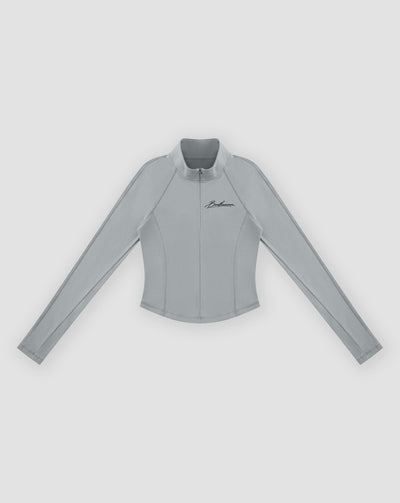 BEASTHAMMER Signature quarter zip top in grey, flat front view with stand collar, quarter zip and chest script logo