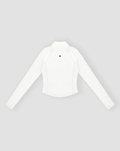 BEASTHAMMER Signature quarter zip top in white, flat back view with the BH monogram at the upper back