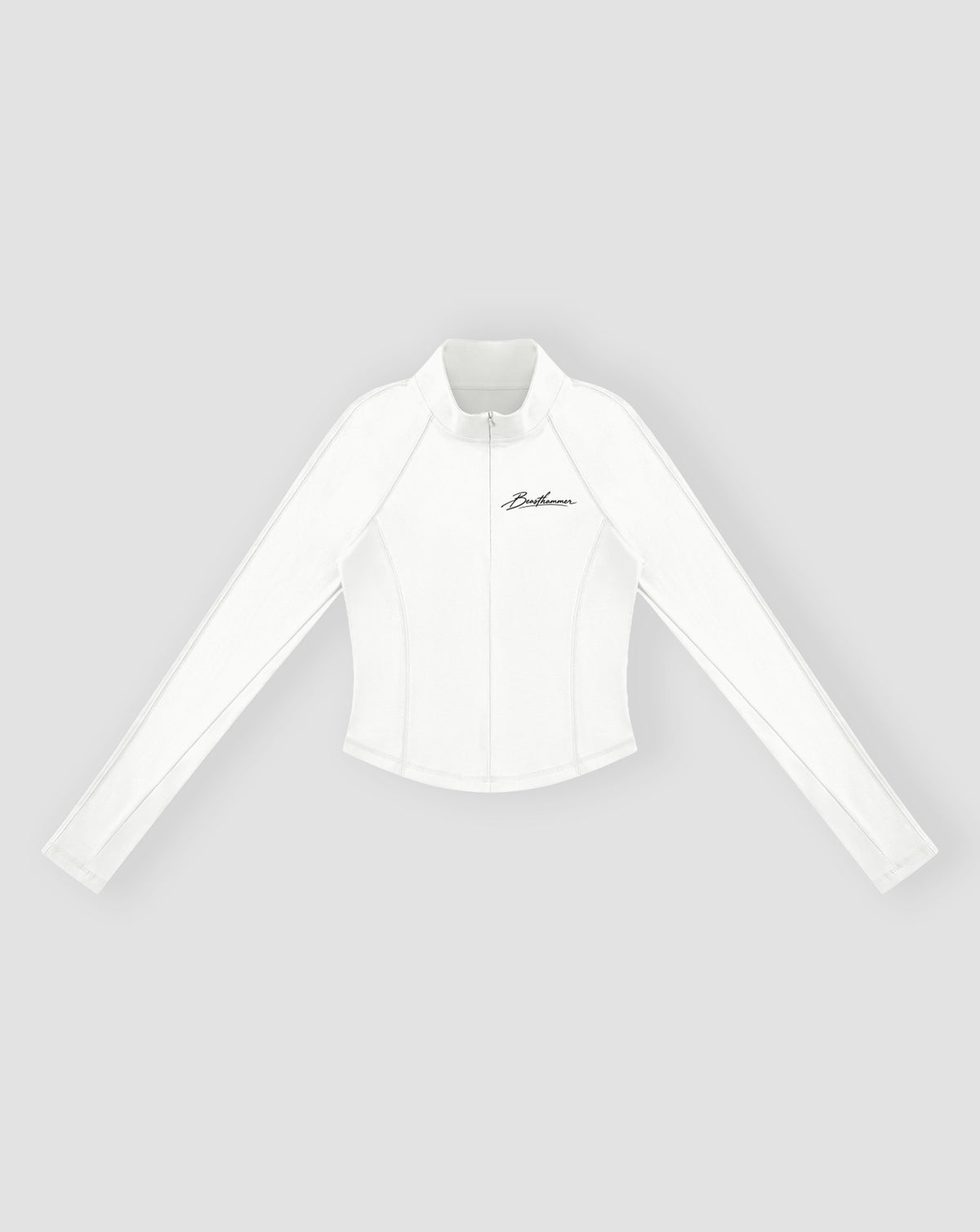 BEASTHAMMER Signature quarter zip top in white, flat front view with stand collar, quarter zip and chest script logo