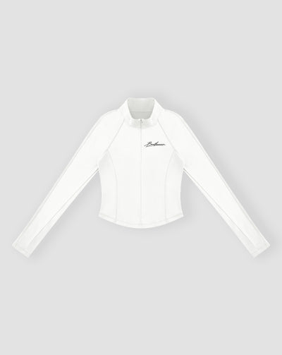 BEASTHAMMER Signature quarter zip top in white, flat front view with stand collar, quarter zip and chest script logo