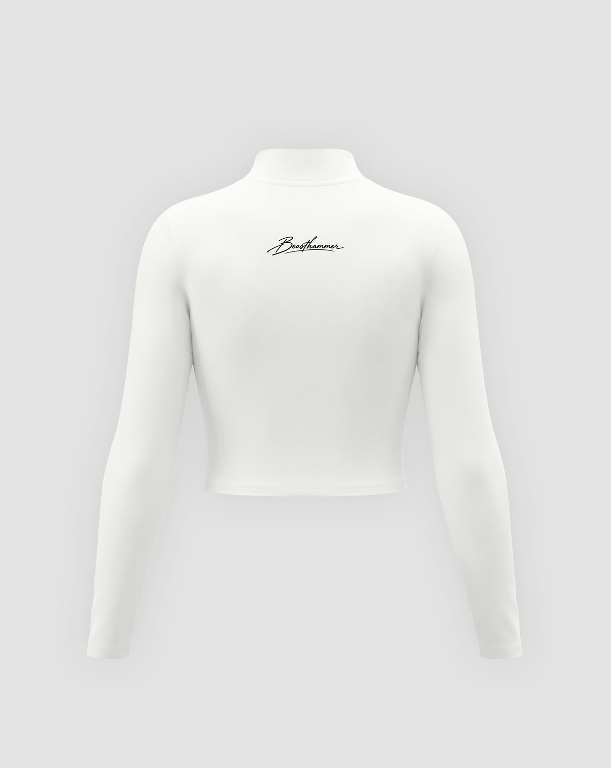 BEASTHAMMER Signature crop jacket in white, flat back view with the handwritten Beasthammer script logo across the upper back