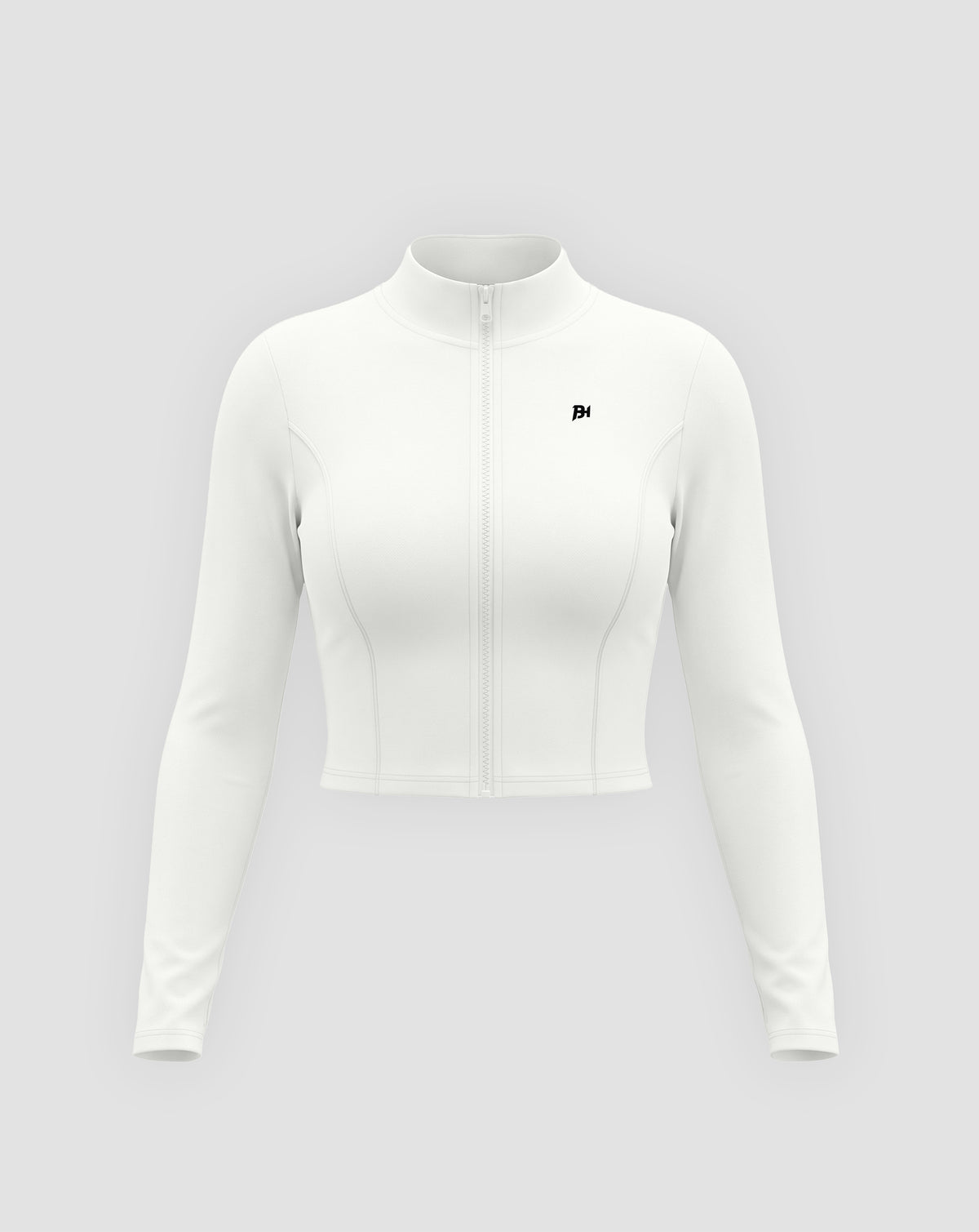 BEASTHAMMER Signature crop jacket in white, flat front view with stand collar, full zip and BH monogram