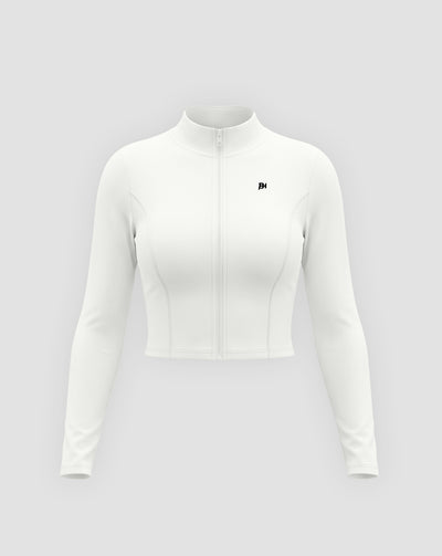 BEASTHAMMER Signature crop jacket in white, flat front view with stand collar, full zip and BH monogram